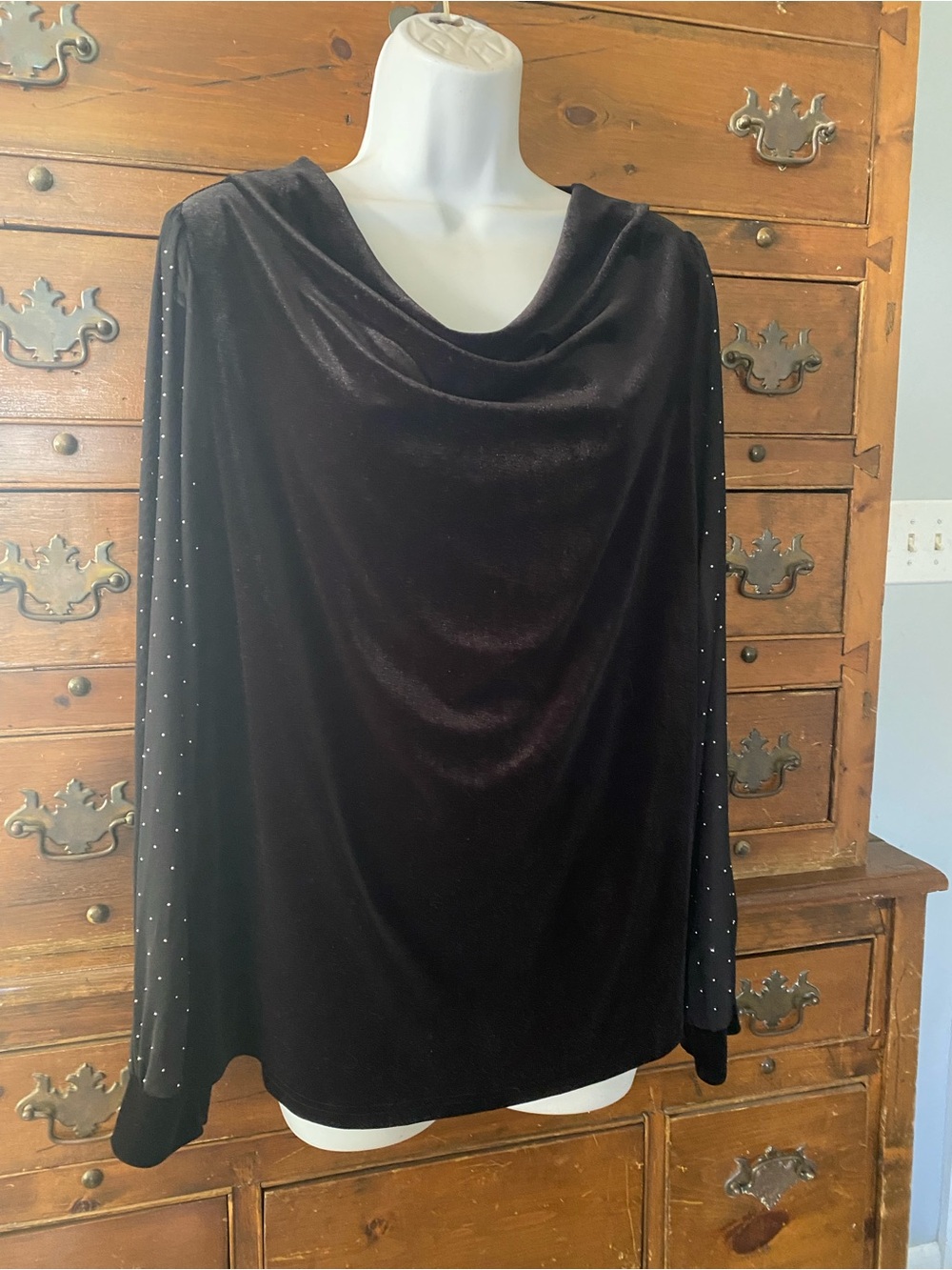 (A110) Black Velvet Drape Neck Top with Studded Sleeves Size XL